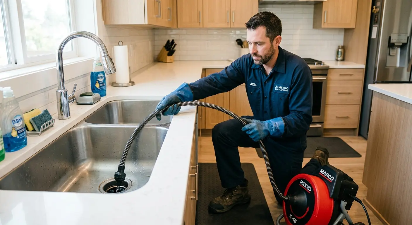 Drain cleaning technician using a motorized snake on a kitchen sink in Loomis