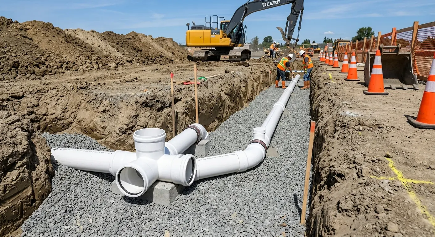 New PVC sewer pipe installation in open trench for Sewer Backup in Loomis