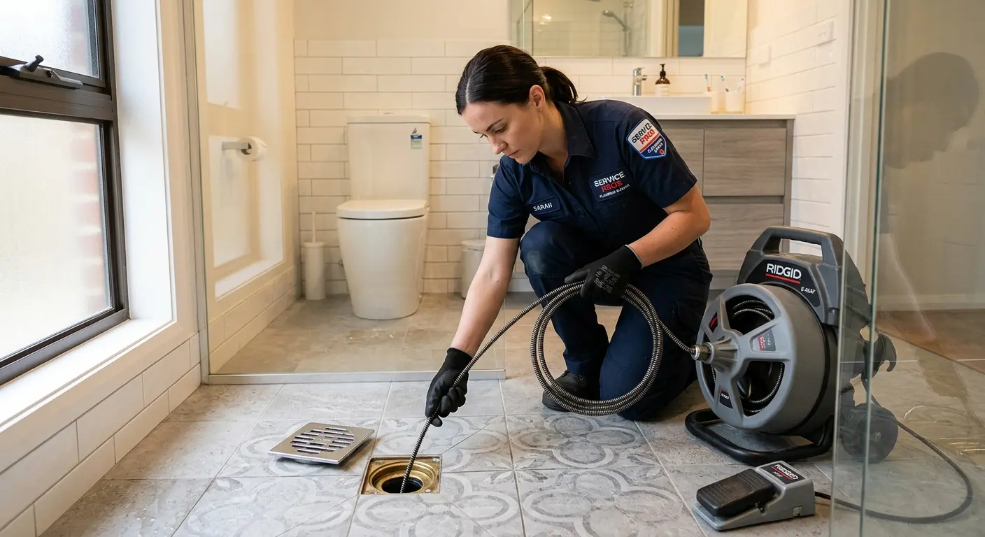 Technician clearing a bathroom floor drain for Drain Cleaning in Loomis